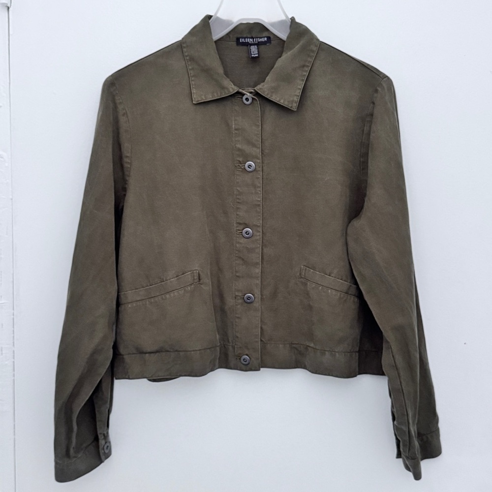 EILEEN FISHER Petite Sz PS Jacket Workwear Collared Seaweed Crop Tencel/Linen